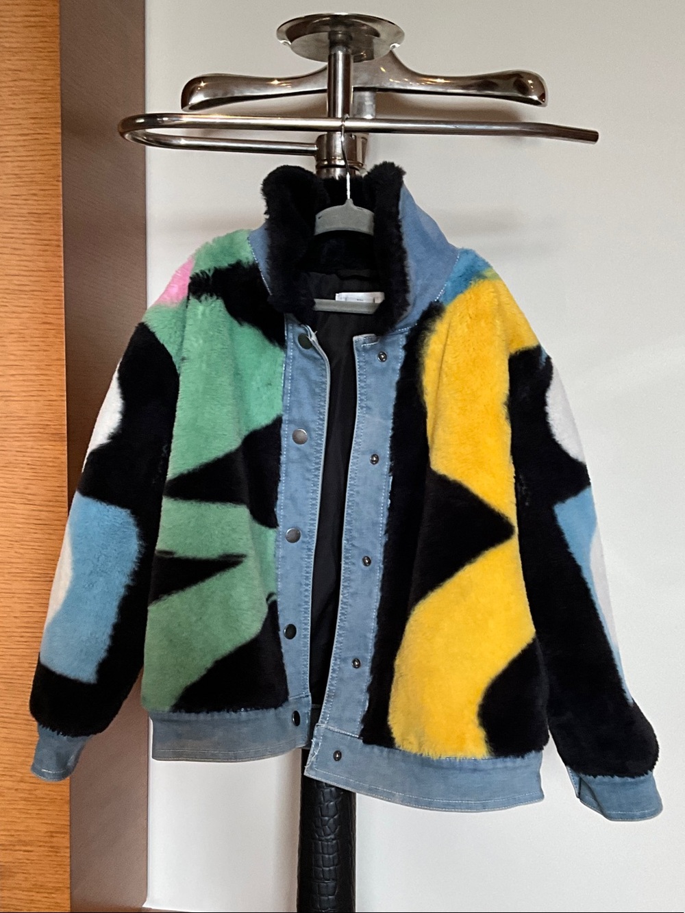 Multicolor Faux Fur Kids Jacket with Denim Trim